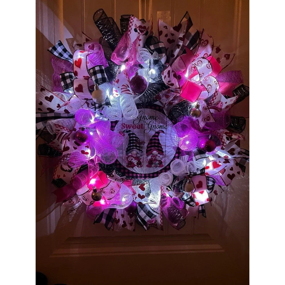 Handmade Valentine’s Gnome Sweet Gnome Ribbon Prelit Wreath 22 ins LED W17